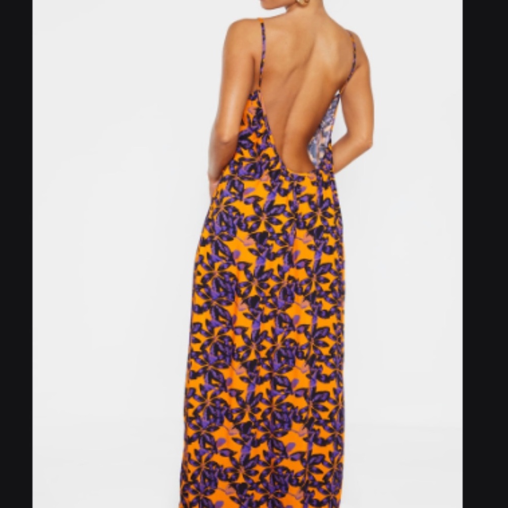 Women's Orange and Purple Floral Maxi Dress - Backless Spaghetti Strap